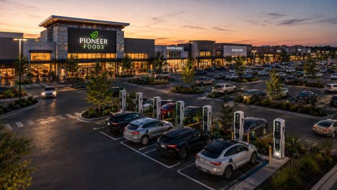 EV charging at a grocery-anchored retail center at dusk