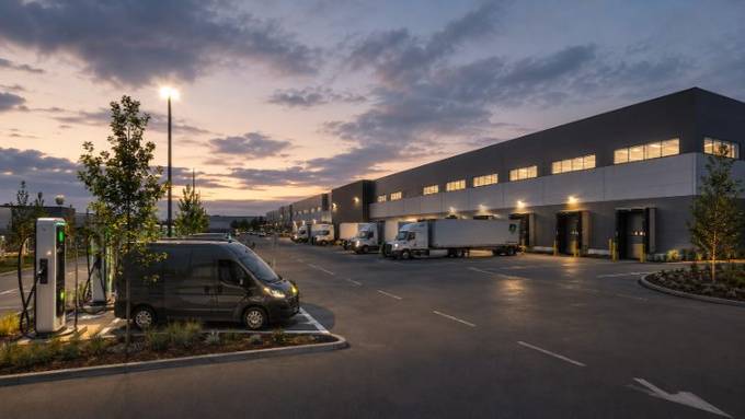 Electric van charging at a logistics facility at dawn
